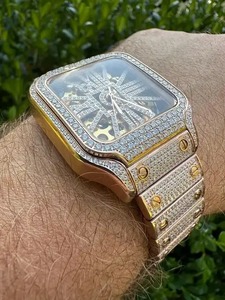 Montre pour homme en or jaune, style Hip Hop, sertie de moissanite et de diamants, boîtier carré, bracelet argenté, mouvement à quartz, montre de luxe et de style professionnel - Product Image 6