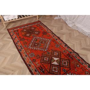 3.2x11 ft <b>Runner</b> Vintage Turkish Rug, <b>Red</b> Striped Wool Rug - Product Image 4
