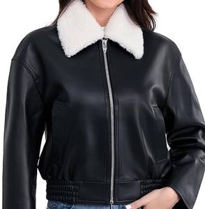 Blouson aviateur court d'hiver pour femme en cuir d'agneau respirant avec col Sherpa motif solide fermeture éclair sur le devant - Product Image 1