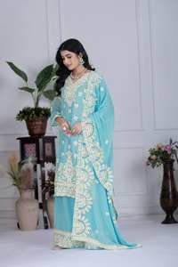 Alta calidad Skyblue Faux Georgette Top Palazzo para mujeres Indian Pakistani Wedding & Festival Suit Party Wear - Product Image 2