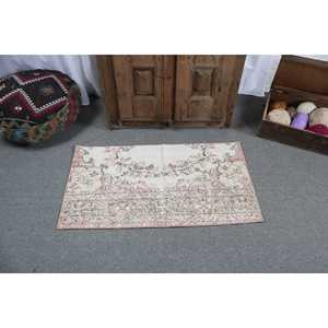 Alfombra vintage de 2x3.6 pies (60x110 cm), alfombra turca abstracta blanca - Product Image 3