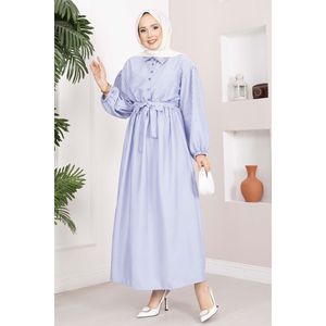 Vestido Hijab a Rayas Índigo con Elegante Cinturón Decorativo y Cintura Fruncida - Product Image 3