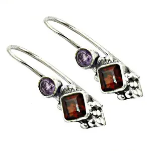 Boucles d'oreilles pendantes vintage en argent tibétain avec grenat et améthyste, design géométrique pour femme, bijoux de mariage - Product Image 3