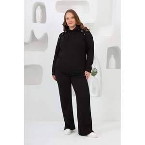 Ensemble de survêtement à capuche noir grande taille RMG avec applique florale, vêtements de sport confortables en mélange de rayonne pour l'automne et l'hiver - Product Image 1