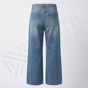 Jeans en denim taille haute pour femmes, fermeture éclair, jambe large, vintage, poches latérales, respirant, pantalon plat, streetwear pour femmes, couleur personnalisée - Product Image 2