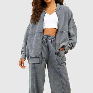 Tops de bombardero con cremallera de pierna larga y recta para mujer, conjunto de algodón lavado de tendencia, técnica bordada de punto, chándales sólidos para mujer - Product Image 4