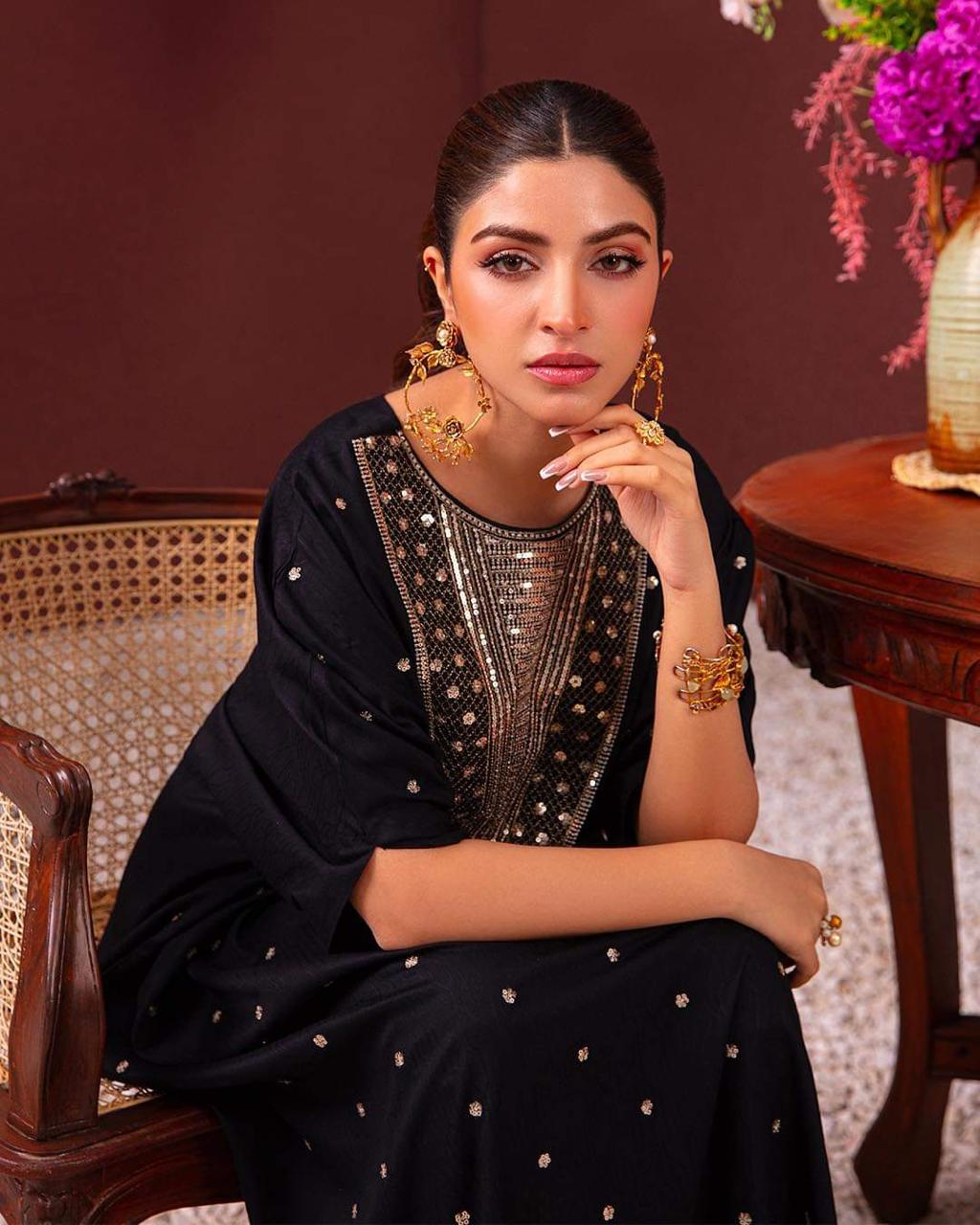 slim fit dress slacks Black tulle dress with intricate gold embroidery main image 1