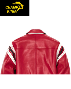 Chaqueta de Cuero Roja Personalizada Estilo Varsity con Bordado en la Parte Delantera y Cierre de Cremallera - Product Image 5