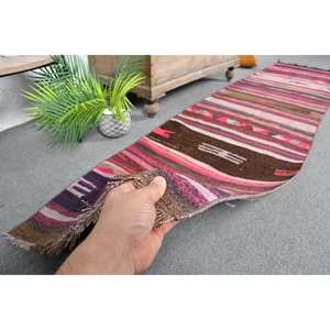 Tapis traditionnel en laine marron rose 2.3x9.3 pieds tapis rectangulaires turcs faits à la main Patchwork Design pour salon Latex nouveau tapis de chevet - Product Image 3