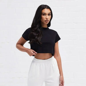 T-shirts d'été décontractés en coton pour femmes col rond recadrée demi-manches haut de sport grande taille brodé T-Shirts de couleur unie - Product Image 1