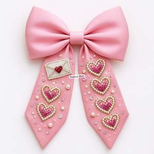 Hot <b>Pink</b> Valentine Hair Bow Handmade Crystal And Pearl Heart <b>Ribbon</b> Bow - Product Image 6