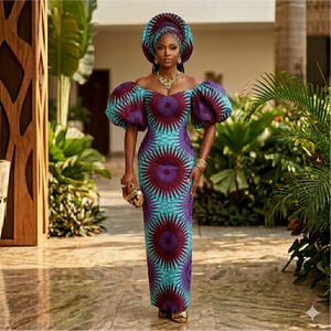 Vestido africano con estampado de cera en rosa y azul, con mangas abullonadas y pañuelo a juego para bodas y fiestas. - Product Image 6