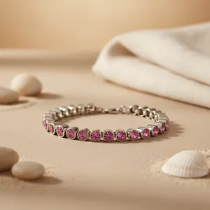 Silver Pink <b>Beaded</b> <b>Bracelet</b> with Garnet Amethyst Quartz Gems Gold Plated for Women's Daily Wear or Gift - Product Image 1