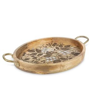 Plateau rond en bois finition naturelle avec motif floral, plateau décoratif pour fruits, collations, chocolat, desserts - Product Image 3