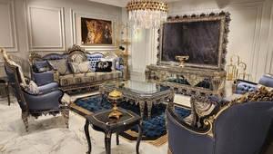 Juego de Sofás Chesterfield de 7 Plazas en Madera de Teca Sólida, Ecológica, Duradera y de Lujo, Color Azul Dorado Tallado, con Mesa de Centro para Sala de Estar o Villa - Product Image 6