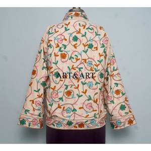 Handcrafted 100% Cotton Suzani Embroidery <b>Velvet</b> Quilted Eco-Friendly Quick Dry Winter <b>Coat</b> Floral Pattern Button Printed Jacket - Product Image 5