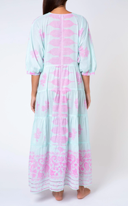 Sự kết hợp độc đáo của Aqua & hồng dhaka in V cổ hoàn hảo coverup thoáng mát phụ nữ Maxi Dress tâng bốc bóng Boho LADY DRESS - Product Image 3