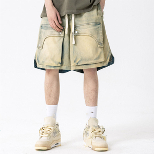 100% coton Shorts haute qualité taille élastique Logo personnalisé Cargo Jean Shorts foncé Vintage lavé grande taille hommes Shorts - Product Image 1