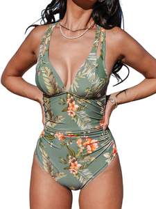 Traje de baño de una pieza verde para mujer con estampado floral naranja, tirantes cruzados en la espalda y diseño de cuello en V para playa y piscina - Product Image 2