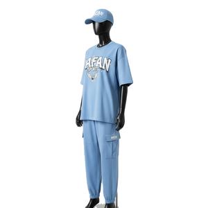 Conjunto de Dos Piezas para Mujer, Camiseta y Pantalón, Algodón Jersey de Alta Calidad, 190 GSM, Azul Cielo, Estampado Personalizado - Product Image 4