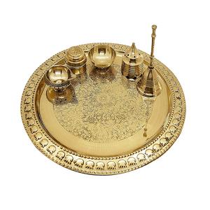 Pooja งานแต่งงาน Mandap ยินดีต้อนรับ Thali ทําด้วยมือโลหะชุบทอง Pooja Thali พร้อมขาตั้ง Agarbati และผู้ถือไดยาไดวัลลี่ - Product Image 1