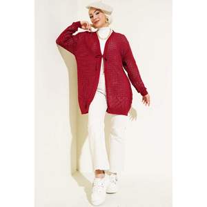 Claret <b>Red</b> Acrylic <b>Cardigan</b> Winter Season Hole Rope Tied Knitwear with Short Length and Solid Print for Winter Wear - Product Image 3