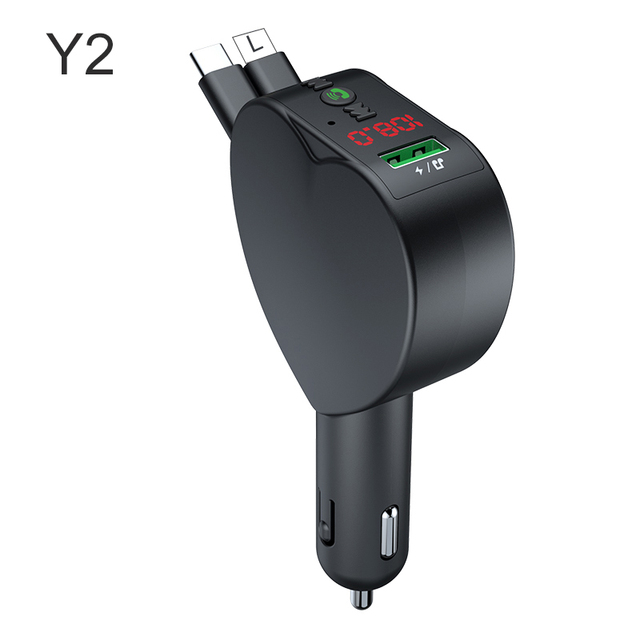 Y2 BT V5.3 Retractable LED Car Charger with Dual USB & Type-C Ports Fast Charging for Car Phone and Earphone