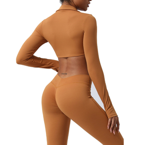 Conjunto Deportivo para Mujer, Ropa de Gimnasio, Yoga, Diseño Sólido, Mangas Largas, Cuello Solapa, Top Corto con Torsión Frontal, Cintura Elástica, Leggings Activos Elásticos - Product Image 4