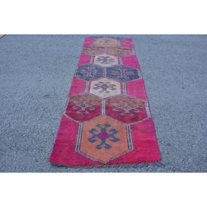 3.1x9 ft Herki Vintage Rug, <b>Red</b> Patchwork Turkish Rug <b>Wool</b> - Product Image 1
