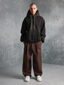 <b>Black</b> Oversized Hoodies Men Heavyweight Cotton <b>Fleece</b> Streetwear Pullover Sweatshirt with Contrast Drawstring Custom Logo Winter - Product Image 2