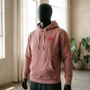 MATTIERA <b>Mens</b> Embroidered Dusty <b>Pink</b> Washed Pullover <b>Hoodie</b> Red Logo 100% Cotton Fleece Sweatshirt Streetwear Casual Hooded Top - Product Image 5