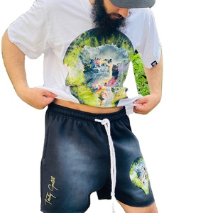 Conjunto de camisetas de algodón y pantalones cortos desteñidos al sol de fabricante OEM camiseta impresa digital personalizada camiseta y pantalones cortos bordados desgastados - Product Image 1