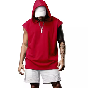 เสื้อฮู้ดแขนกุดผ้าคอตตอนฟลีซสำหรับผู้ชายชุดออกกำลังกายแนวสตรีทผ้าคอตตอน100% ดีไซน์เป็นเส้นมีโลโก้ด้านหน้า - Product Image 1