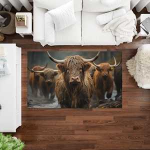 Tapis imprimé avec motif de bovins des Highlands écossais : un essentiel pour la décoration de la ferme, avec un tapis moelleux à poils longs - Product Image 1