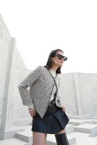 Veste Vintage Élégante Vivenne en Mélange de Coton et Tweed pour Adultes, Col Rond, Silhouette Fourreau, Motif 3D pour l'Été, Naturel - Product Image 3