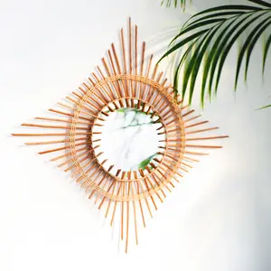 Vietnam hand gewebte umwelt freundliche Wicker Rattan Wand spiegel runde Form Bambus Kunst Wandbehang Vintage Spiegel für Home Decoration