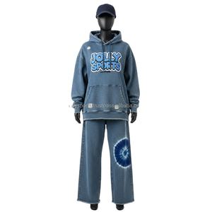 Conjunto Deportivo Premium para Mujer, Estilo Denim, Algodón, Poliéster, Felpa, 320 GSM, Sudadera con Capucha Azul Suave, Pantalones, Logotipo Personalizado, Tallas Grandes - Product Image 6