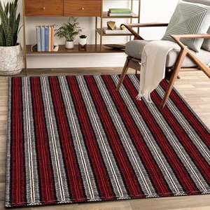 Tapis rayé imprimé : Tapis de style Kilim moderne, design turc, avec poils doux - Product Image 1