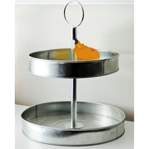 Support de service à 2 niveaux en métal galvanisé avec poignée, plateau rond à étages argenté pour l'organisation de la cuisine et les événements - Product Image 1