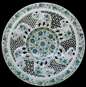 Beautiful Handmade Elephant Design & Flower Design Inlay <b>Work</b> <b>Table</b> Top Product Natural White Marble Handmade Carving <b>Table</b> Top - Product Image 1