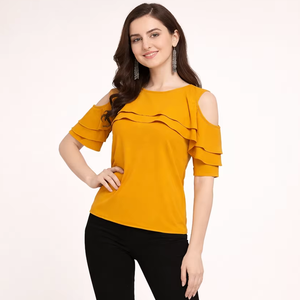 Shoryam Fashion Blusa de Mujer Amarilla con Hombros Descubiertos y Media Manga con Volantes, Elegante, Estilo Formal Occidental, Diseño Sólido, Crepé de Secado Rápido - Product Image 1