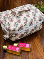 Boîte à maquillage artisanale en coton écologique vintage, résistante à l'eau, avec fermeture éclair, motif floral brun, fabriquée par des artisans de Jaipur