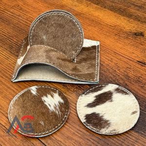 Wholesale Non-slip Genuine Leather Round Kitchen Supplies Cowhide <b>Placemat</b> Cup Mat Table Coaster <b>Set</b> with Stand for Dining Table - Product Image 1