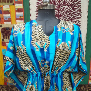 Tigre imprimé coton bio caftan été vêtements de nuit robe plage couvrir bohème vêtements de détente Maxi robe vêtements de nuit fête - Product Image 1