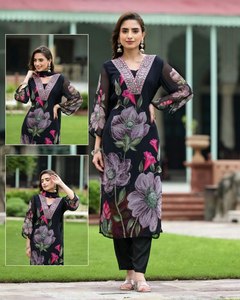 Premium prêt à porter indien ethnique lourd Georgette broderie fantaisie imprimé fleuri col en V traditionnel Kurti/robe pour les femmes - Product Image 5