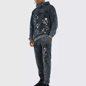 Ensemble de survêtement à capuche imprimé floral délavé premium pour hommes, jogging surdimensionné, ensemble de survêtement en molleton d'hiver, streetwear, OEM personnalisé, vente en gros, mode - Product Image 1