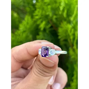 Vintage 925 <b>Silver</b> <b>Ring</b> with <b>Emerald</b> Cut Diamond Oval Cut Natural Amethyst Moonstone Rhodium Plated Car Pattern Engagement Style - Product Image 3