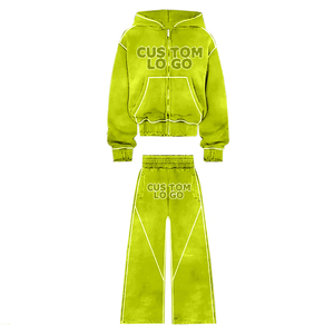 2025 survêtement surdimensionné lavé à l'acide personnalisé hommes français éponge strass Vintage pantalon évasé et sweat à capuche 2 pièces ensemble survêtement - Product Image 5
