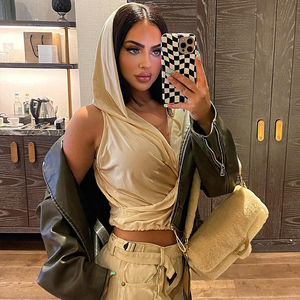 Premium élégant sweat à capuche pour femme en coton taille élastotique sans manches Logo personnalisé imprimé femmes sweat à capuche sans manches - Product Image 4