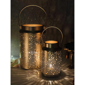 Candelabros y farolillos de madera con diseño recortado de tarro votivo de Metal decorativo navideño dorado marroquí para eventos en casa - Product Image 1